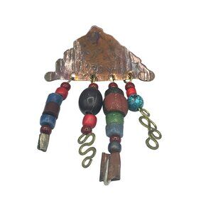 Eclectic Hand Crafted Boho Brooch, Mixed Metals Copper Mountain with Beaded Dang